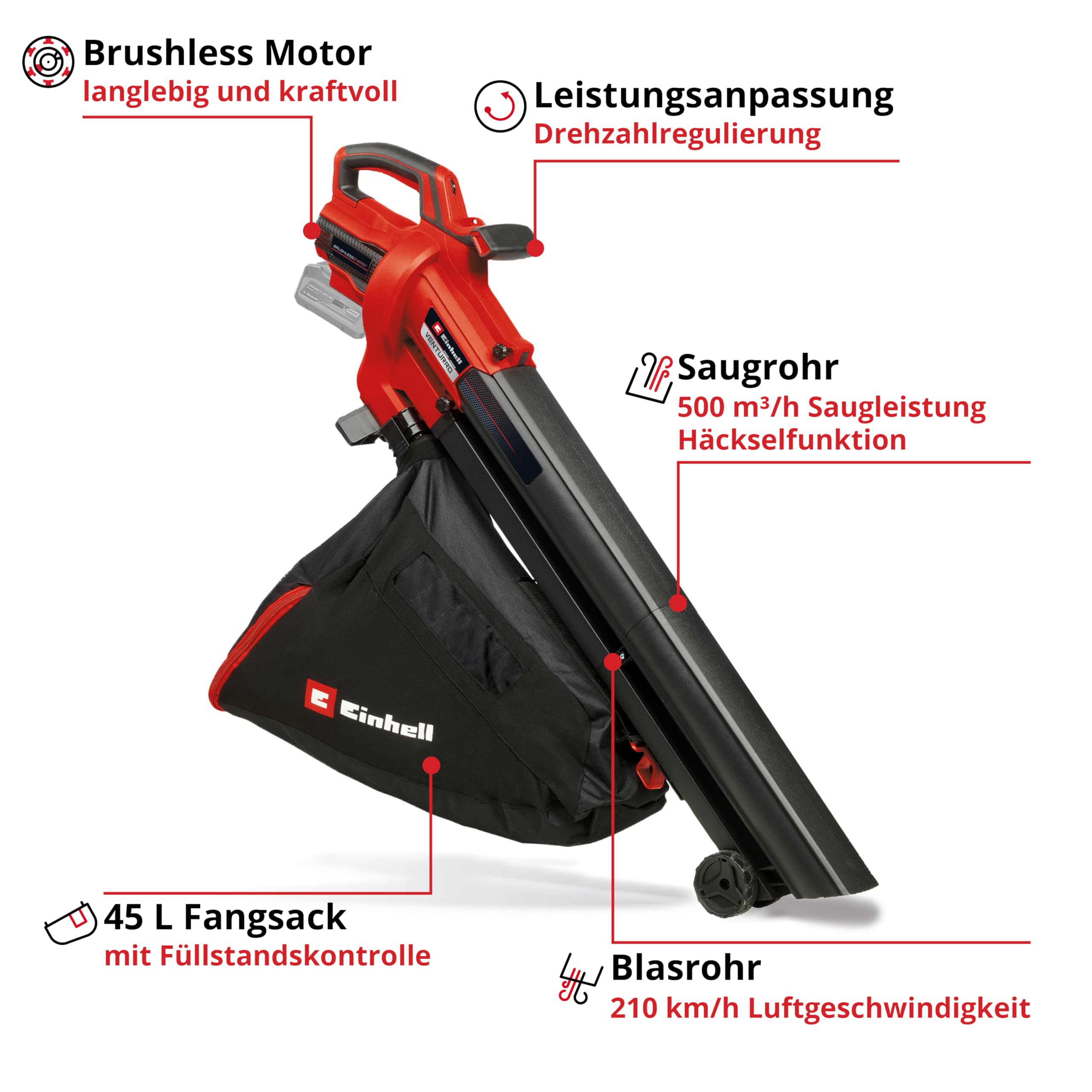Einhell Akku-Laubsauger VENTURRO 18/210 Power X-Change 18V, 500m³/h Saugleistung, ohne Akku