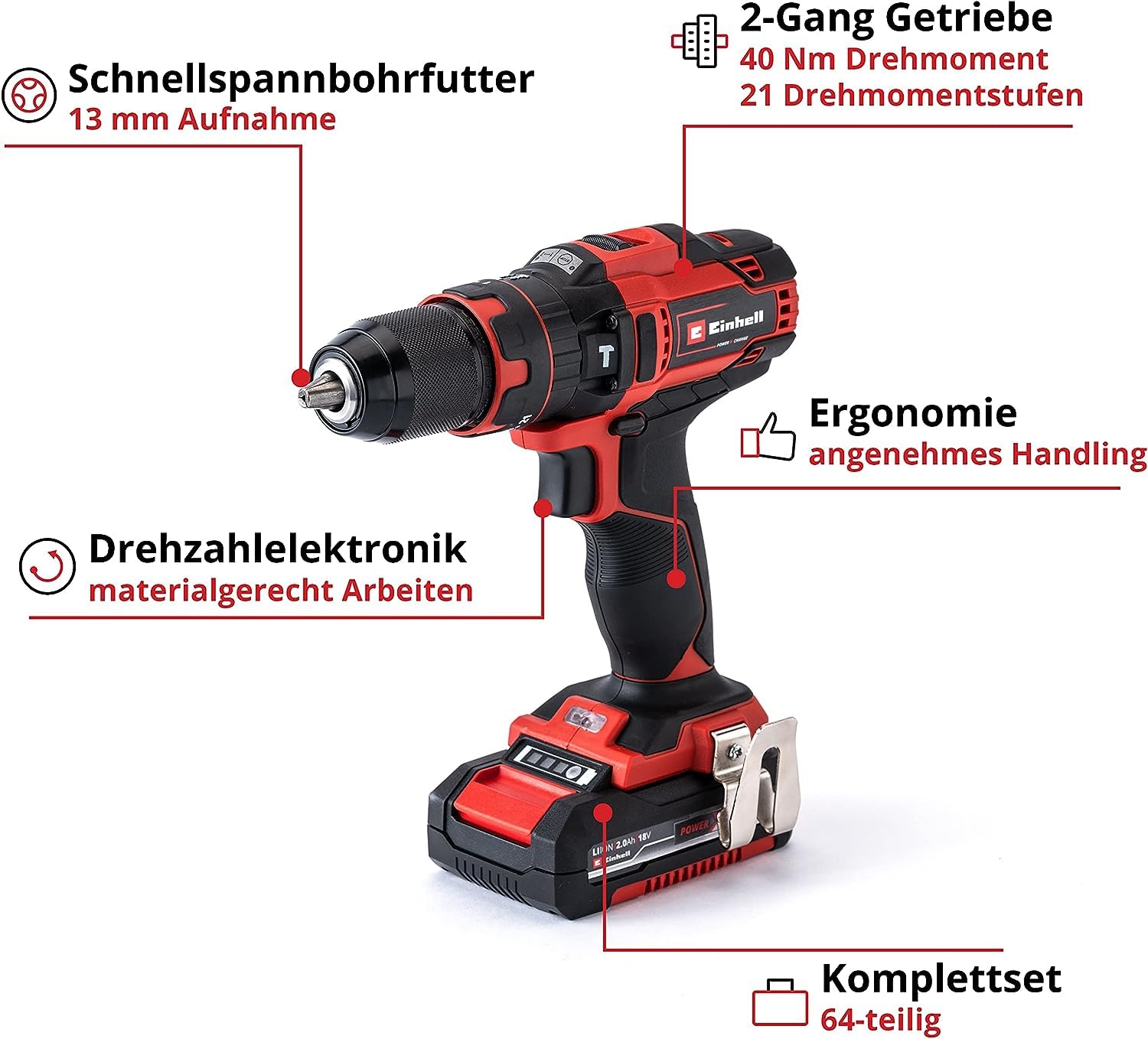 Einhell Akku-Schlagbohrschrauber-Set TE-CD 18/40 Li-i +64, 18V, inkl. 2x2Ah Akkus & Ladegerät