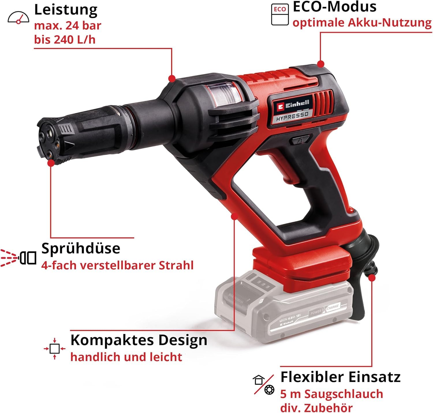 Einhell Akku-Druckreinigerpistole HYPRESSO 18/24-1 Power X-Change 18V, 240 L/h, ohne Akku & Ladegerät