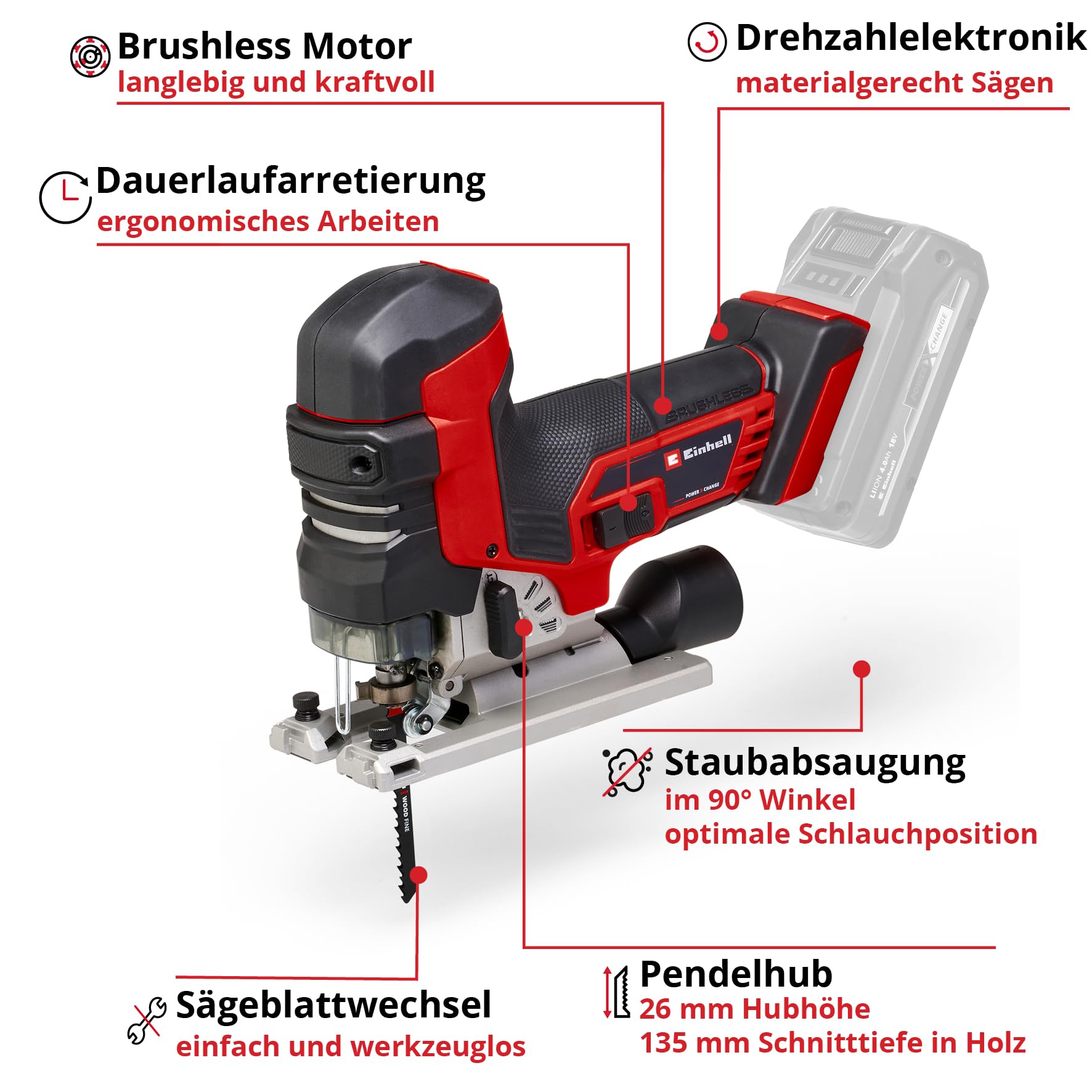 Einhell Professional Akku-Stichsäge TP-JST 18/135 Li BL 18V, 135mm Schnitt, Brushless, ohne Akku