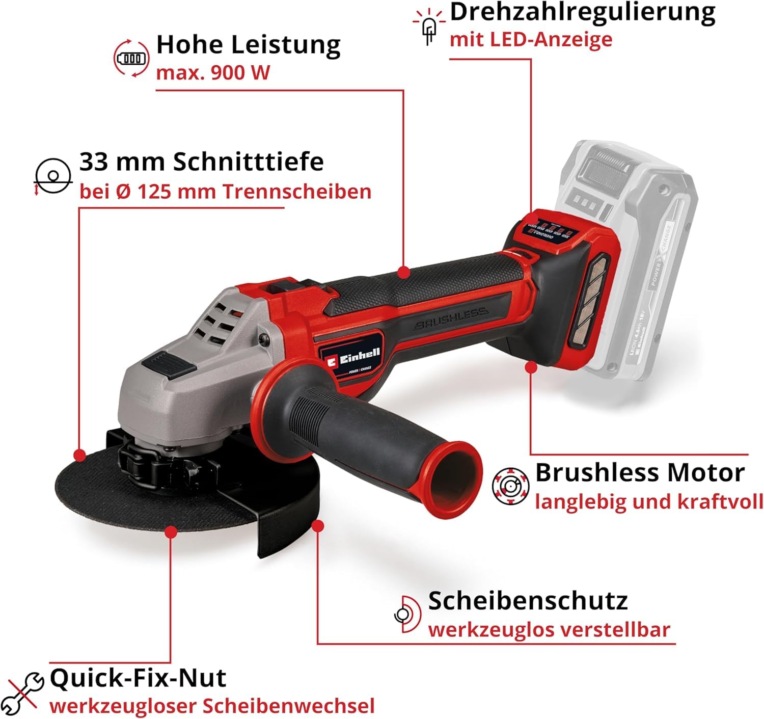 Einhell Professional Akku-Winkelschleifer TP-AG 18/125 CE Q Li Power X-Change 18V, 125mm, ohne Akku