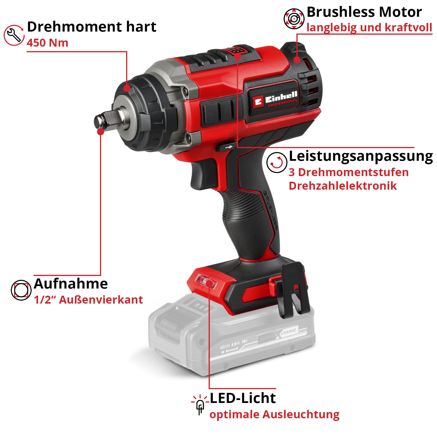 Einhell Professional Akku-Schlagschrauber IMPAXXO 18/450 Power X-Change 18V, 450Nm, ohne Akku